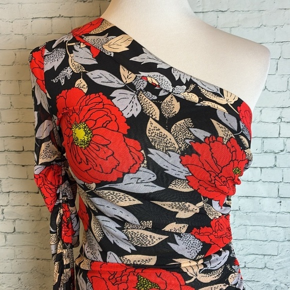 Diane Von Furstenburg Ruched One Sleeve Floral Mesh Dress Boswell Black 6 Sexy - Picture 4 of 16